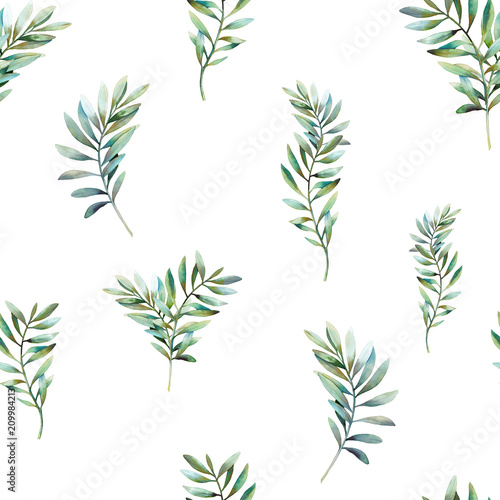 Greenery seamless pattern. Watercolor various branches with leaves on white background. Hand drawn natural wallpaper design
