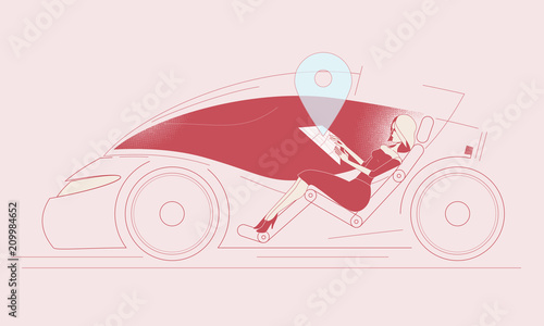 Future modern autonomous car driving young beautiful woman using a virtual interface