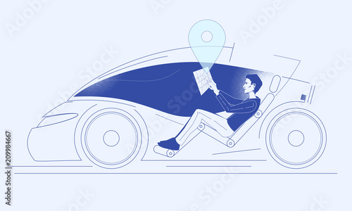 Future modern autonomous car driving young man using a virtual interface