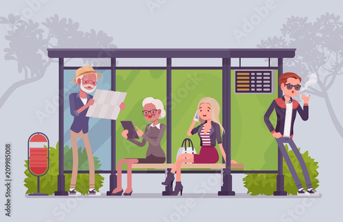 City bus stop people