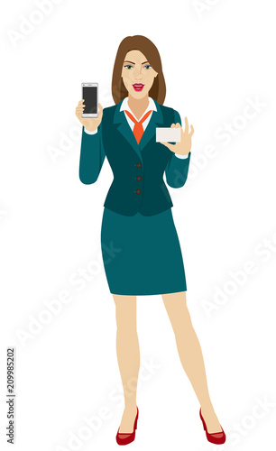 Businesswoman holding a mobile phone and business card