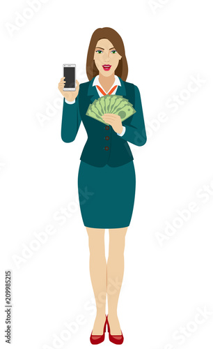Businesswoman holding a mobile phone and money