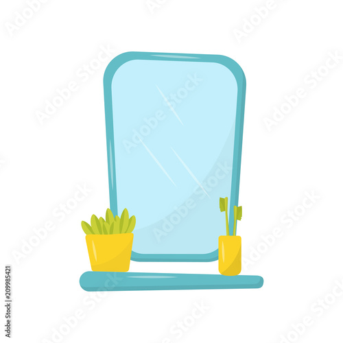 Flat vector icon of blue mirror and small shelf with toothbrushes and green plant in pot. Modern bathroom elements