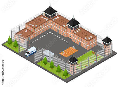 Prison Penitentiary Concept 3d Isometric View. Vector