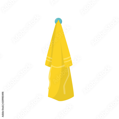 Flat vector icon of bright yellow bathrobe hanging on blue hook. Cozy home clothes for men or women. Accessory for bathroom