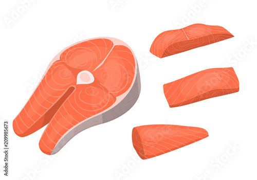 Cartoon Steak and Pieces of Salmon Set. Vector