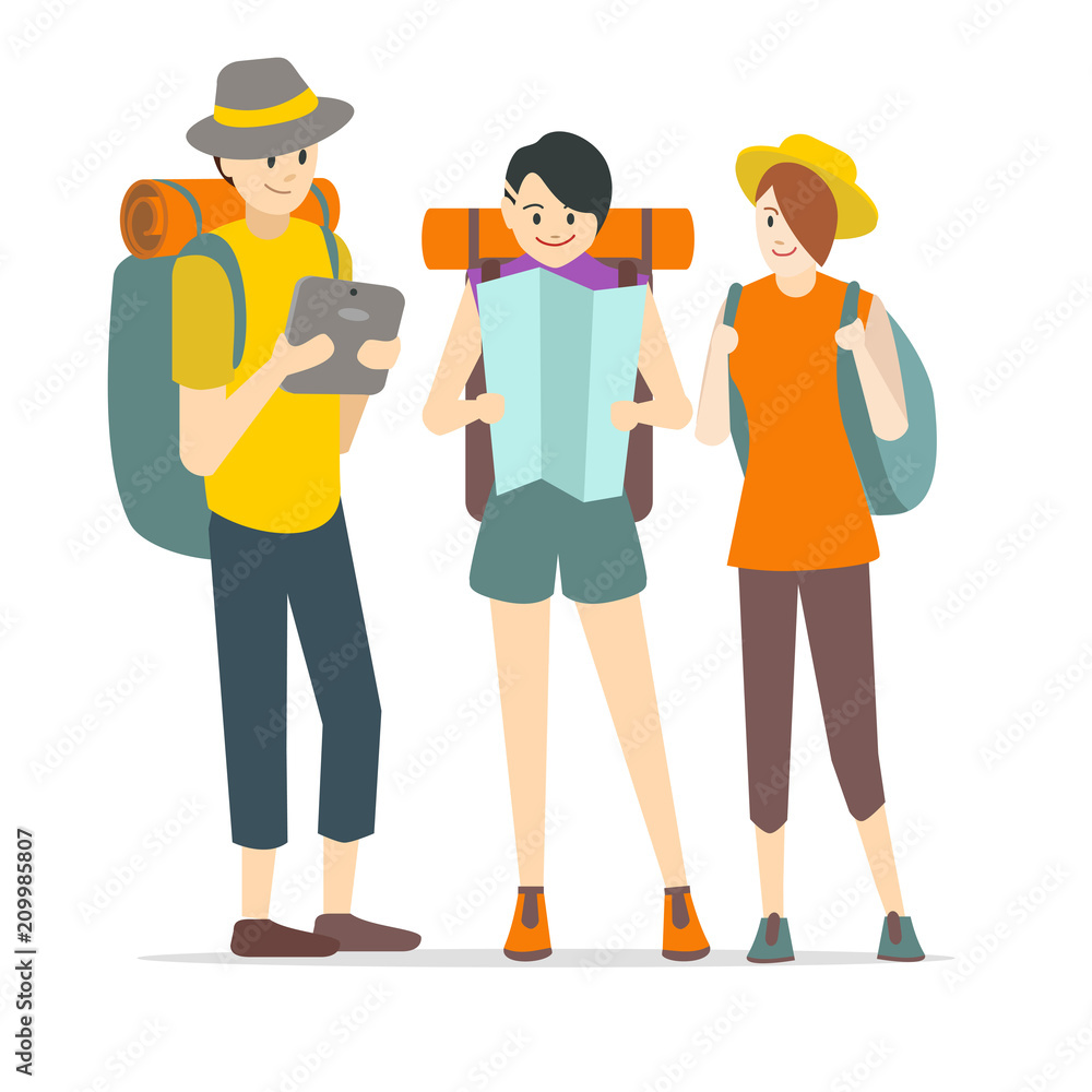 Obraz premium Cartoon Characters Young People Travel Set. Vector
