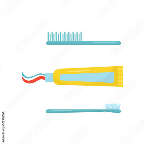 Blue plastic hair comb, toothbrush and yellow tube of toothpaste. Hygiene and teeth care theme. Bathroom items. Flat vector icons