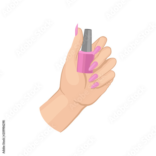 Woman s hand holding bottle of pink nail polish. Fresh manicure. Shiny lacquer fingernails. Flat vector for promo poster of cosmetic products