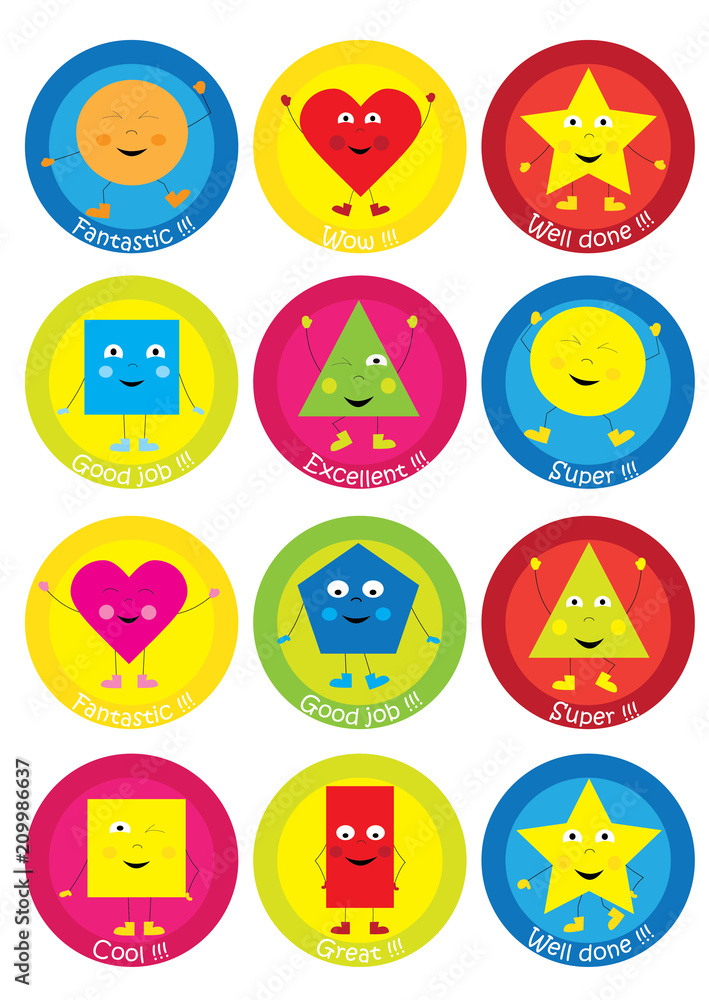 Teacher Reward Motivational Stickers for Children – funny, happy basic shapes collection