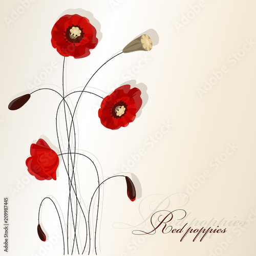 Fototapeta Naklejka Na Ścianę i Meble -  Red poppies. Background image. Design for a postcard, poster, message with space for text. Light background.
