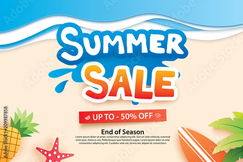 Summer sale with paper cut symbol and icon for advertising beach background. Art and craft style. Use for ads, banner, poster, card, cover, stickers, badges, illustration design.
