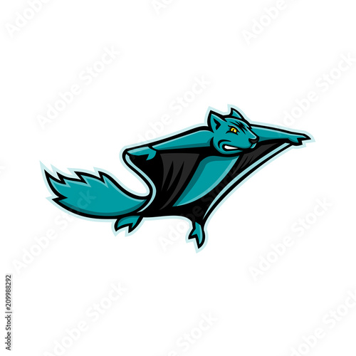 Mascot icon illustration of a flying squirrel, black flying squirrel or Northern flying squirrel, flying or gliding viewed from a low angle on isolated background in retro style.