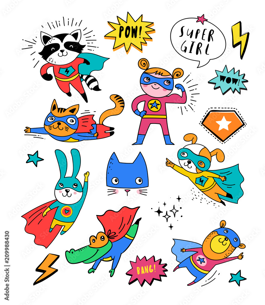 Superhero cute hand drawn animals, vector characters