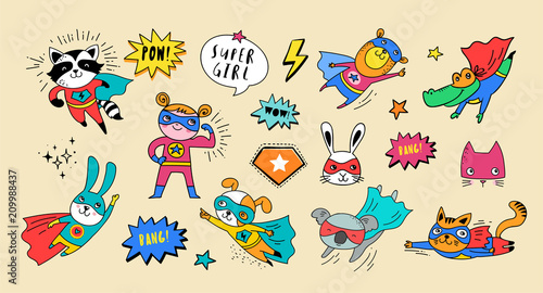 Superhero cute hand drawn animals, vector characters