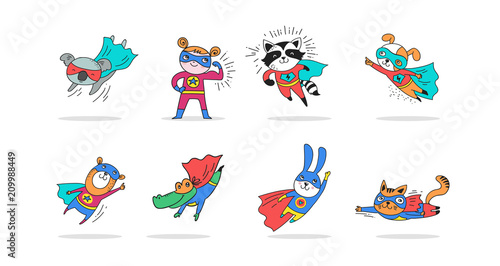 Superhero cute hand drawn animals, vector characters