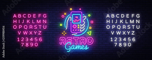 Retro Games Vector Logo. Retro geek gaming gamepad in hand neon sign, modern trend design, vivid vector illustration, promotional character games. Vector Illustration. Editing text neon sign