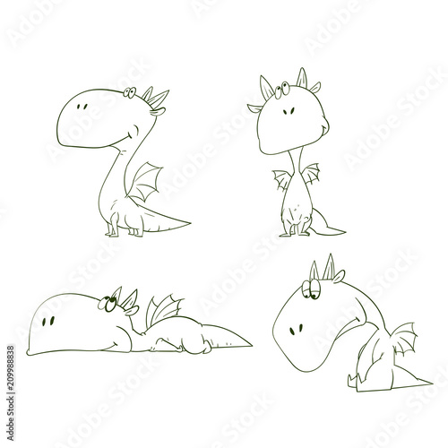 Outline vector illustrations set of a cartoon sad dragons