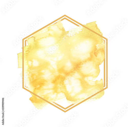 Pale light honey yellow abstract brush strokes painted in watercolor surrounded by hexagonal frame on clean white background