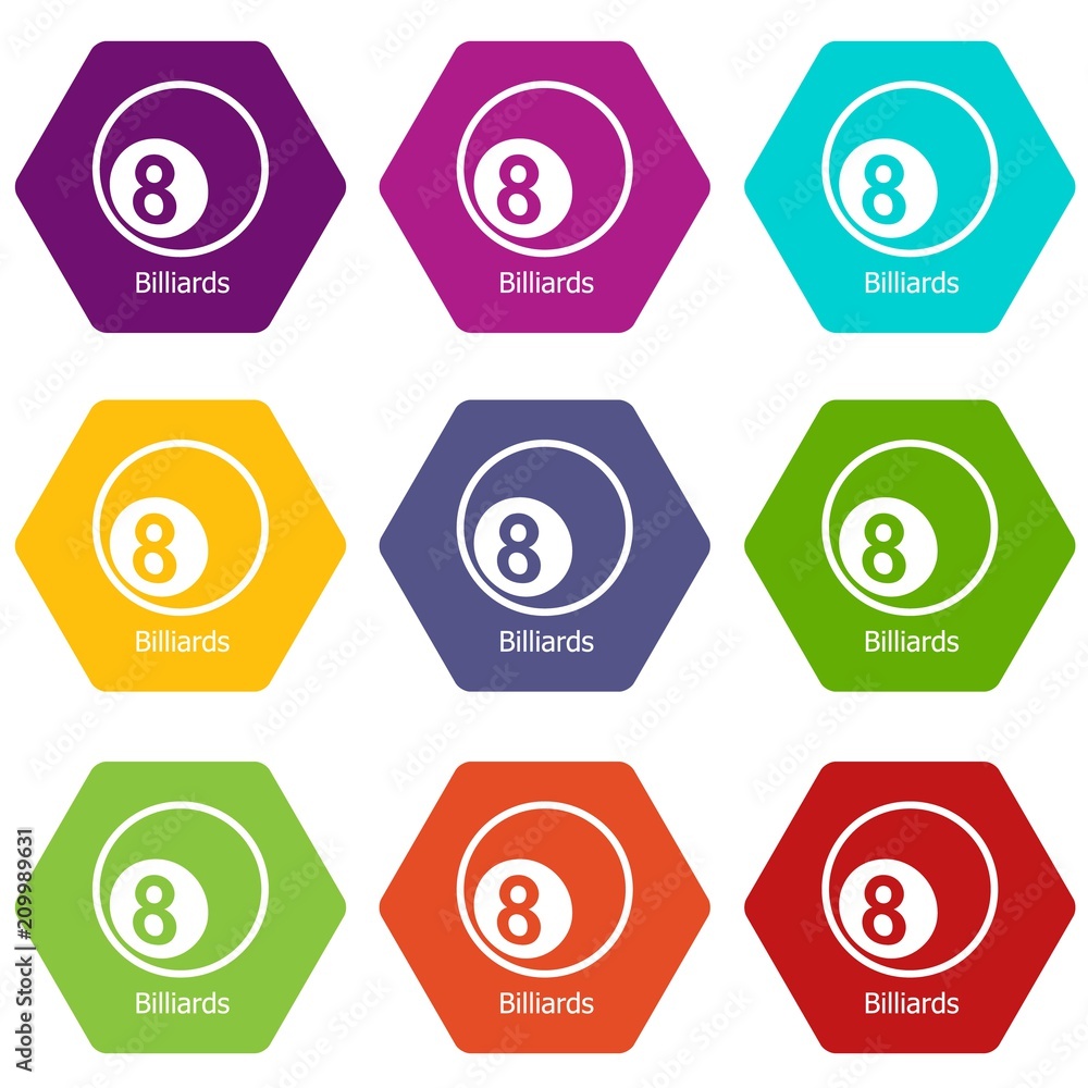 Billiards icons 9 set coloful isolated on white for web Billiards icons 9 set coloful isolated on white for web