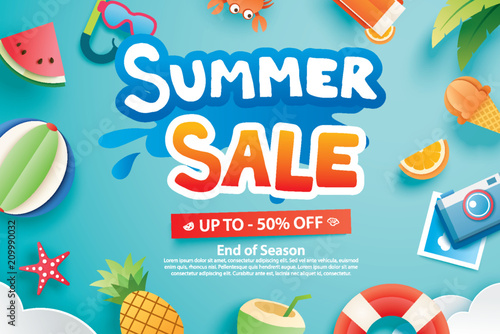 Summer sale with paper cut symbol and icon for advertising background. Art and craft style. Use for ads, banner, poster, card, cover, stickers, badges, illustration design.