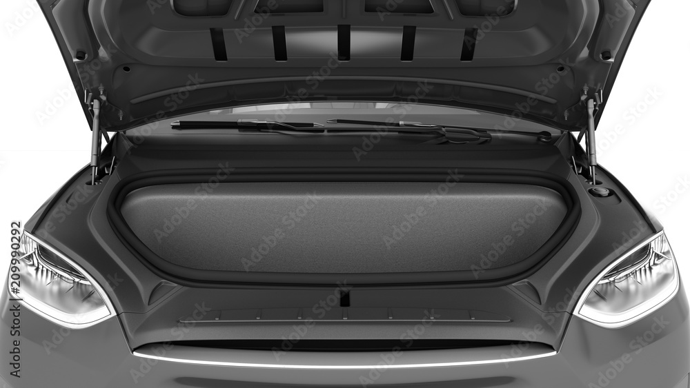 Empty electric car front trunk with folded rear seats A lot of space 3d render - obrazy, fototapety, plakaty 