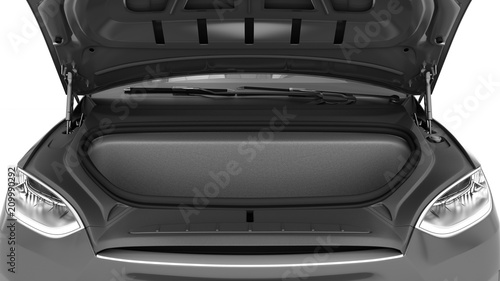 Empty electric car front trunk with folded rear seats A lot of space 3d render photo