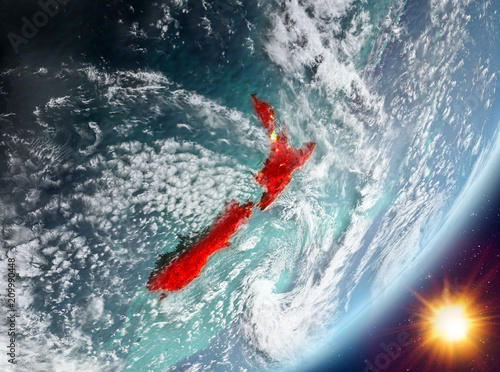 Orbit view of New Zealand during sunrise