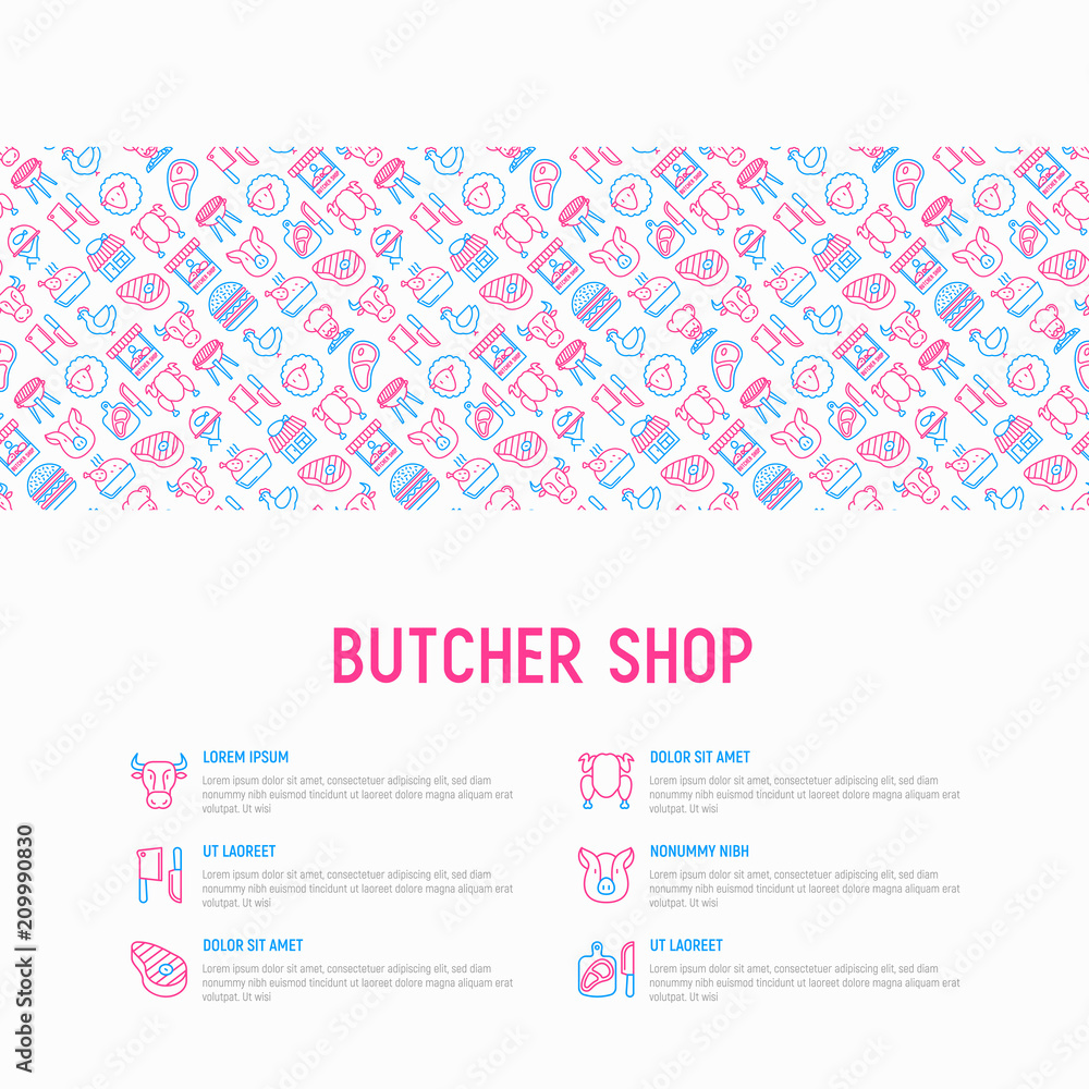 Butcher shop concept with thin line icons: meat steak, beef, pork, mutton, BBQ, chicken, burger, cutting board, meat knives. Modern vector illustration, print media template.