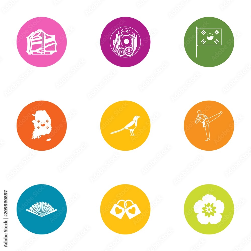 Korea country icons set. Flat set of 9 korea country vector icons for web isolated on white background Korea country icons set. Flat set of 9 korea country vector icons for web isolated on white background