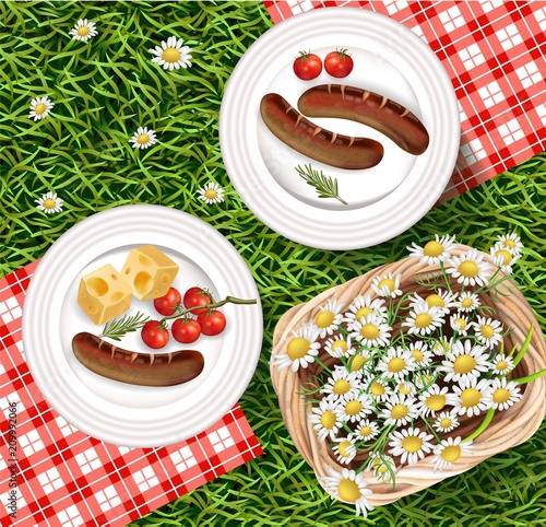 Summer Picnic outdoors realistic Vector. Grilled sausages on white plate with gigham pattern. Chamomile basket and green grass backgrounds