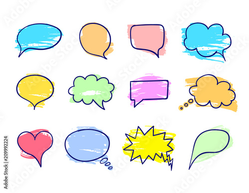 Vector Drawings Talk Bubbles Set, Grunge Texture, Paint Smears Brush Strokes.
