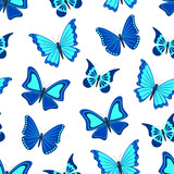 Blue butterflies on white background. Seamless pattern. Vector illustration.