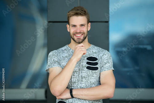 Bilde på lerret Happy man with beard on smiling face outdoor