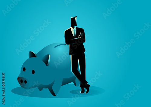 Banker leaning on giant piggy bank