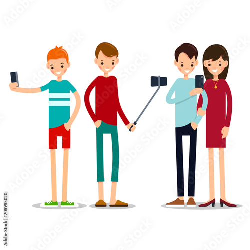 Man and woman do selfie. Friends do joint self-portrait photograph. Happy smiling young man and women taking selfie photo. Illustration in flat style. Isolated