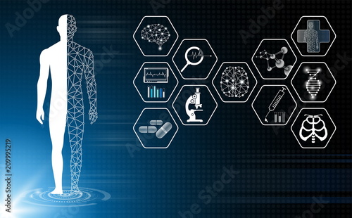 abstract background technology concept in blue light,human body heal,technology modern medical science in future and global international medical with tests analysis clone DNA human