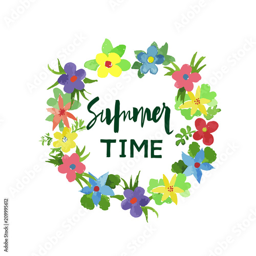 vector wreath of watercolor simlpe flat flowers and handwritten lettering Summer time. primitive flowers for design. Bright illustration for postcard, label, logo, banner, stiker. photo