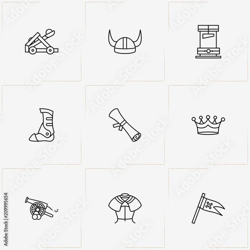 Middle Ages line icon set with scroll , armor  and cannon