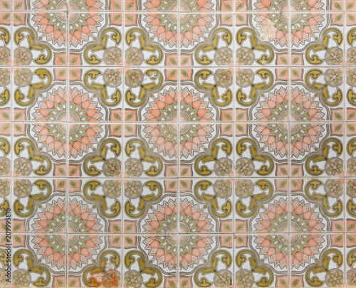 Traditional Portuguese azulejo tiles on the building in Porto, Portugal.