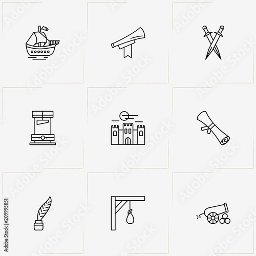 Middle Ages line icon set with horn , swords and gallows