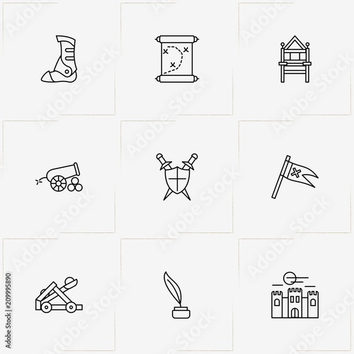 Middle Ages line icon set with catapult, middle age flag  and throne