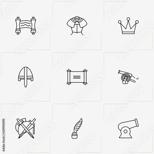 Middle Ages line icon set with scroll , feather and cannon