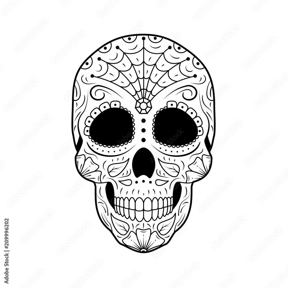 Vecteur Stock Black and white Day of The Dead Sugar Skull with detailed floral ornament. Mexican symbol calavera. Hand drawn line vector. Tattoo sketch with spiderweb, pattern, flowers and leaves