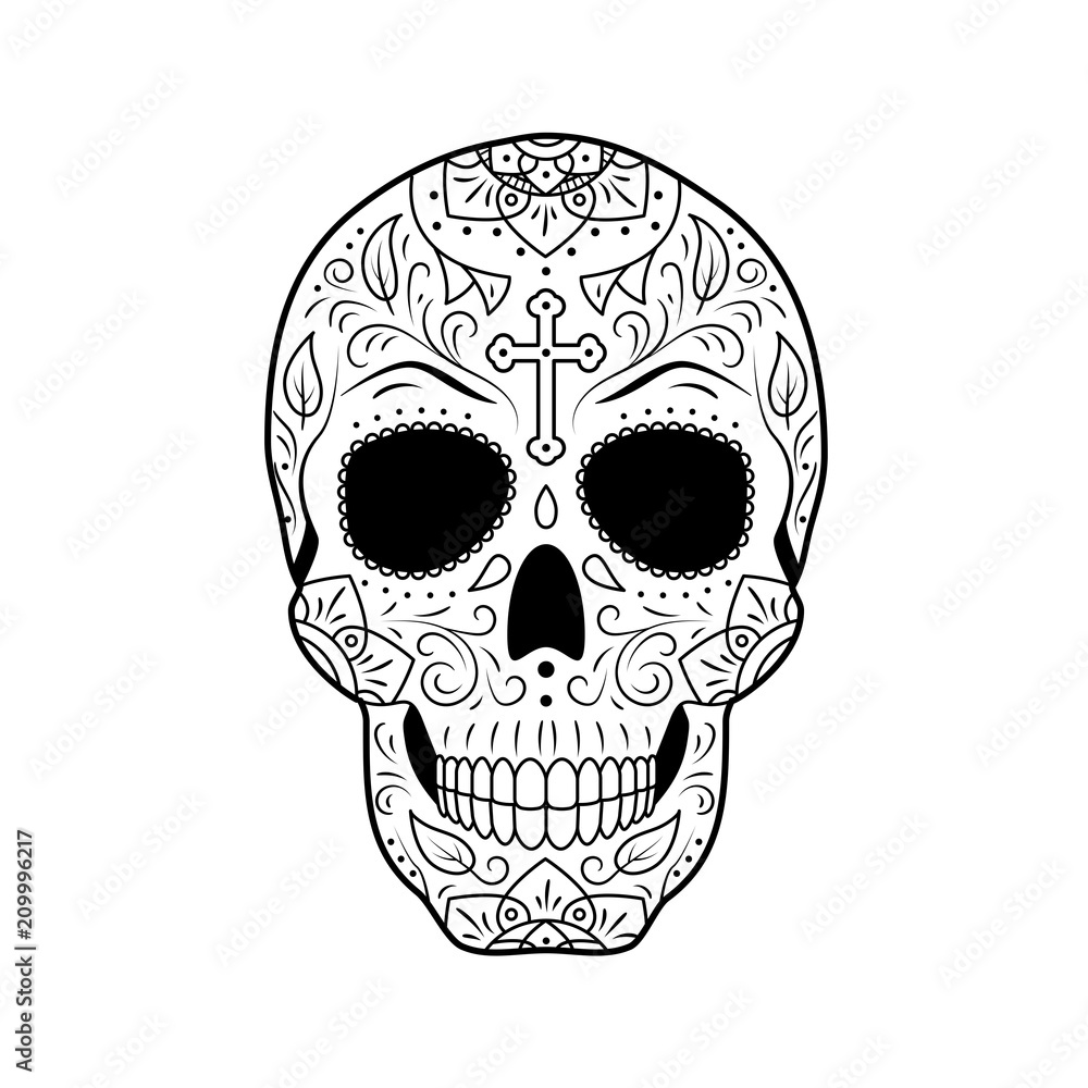 Black and white Day of The Dead Sugar Skull with detailed floral ornament. Mexican symbol calavera. Hand drawn line vector illustration. Sketch with cross, pattern, flowers and leaves.