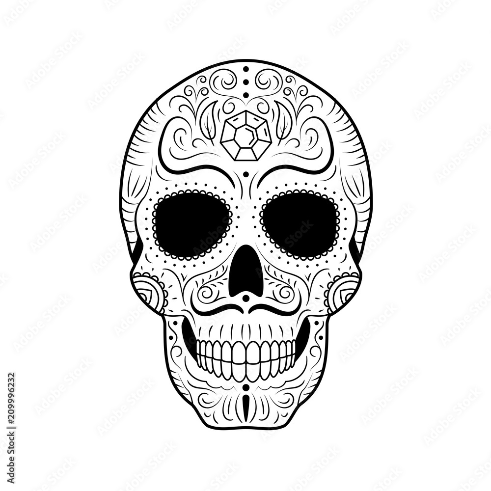 Black and white Day of The Dead Sugar Skull with detailed floral ornament. Mexican symbol calavera. Hand drawn line vector illustration. Man tattoo sketch with twisted eyebrows and mustache, pattern. Stock Vector