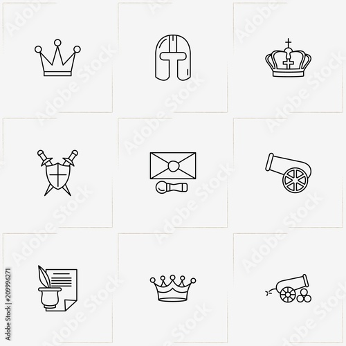 Middle Ages line icon set with feather, crown  and cannon