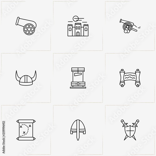 Middle Ages line icon set with guillotine , scroll  and viking helmet