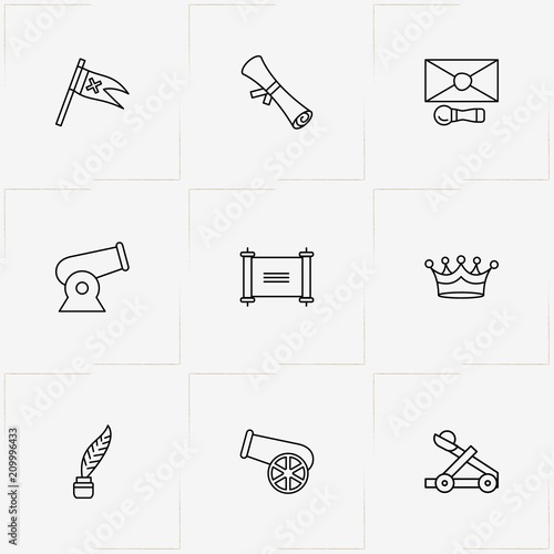 Middle Ages line icon set with feather, cannon  and letter with seal
