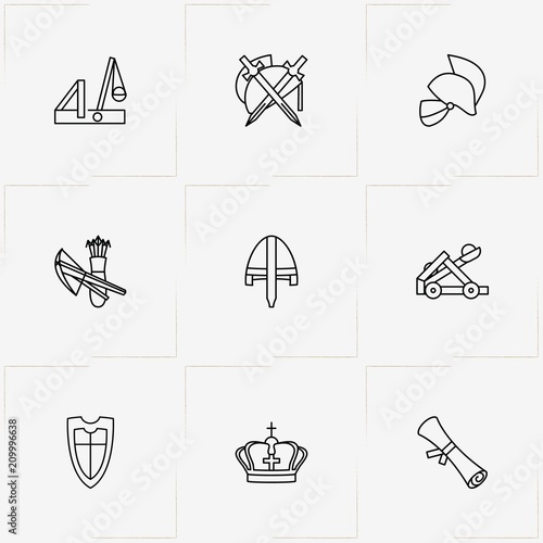 Middle Ages line icon set with catapult, swords and shield